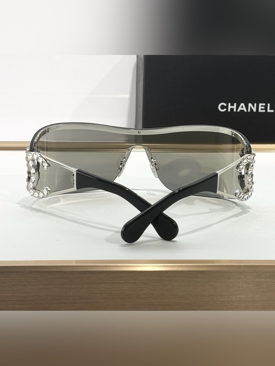 CHANEL Silver Mirrored Shield Sunglasses with Crystal CC Accent
